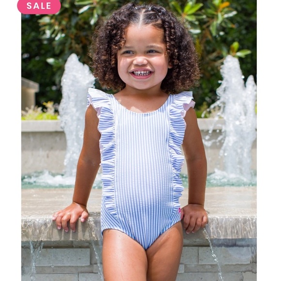 RUFFLE BUTTS VGUC Seersucker Waterfall One Piece Swimsuit size 8 - Picture 2 of 12